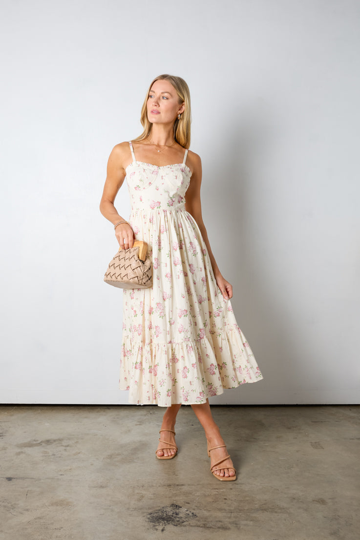 cream corset style floral midi dress