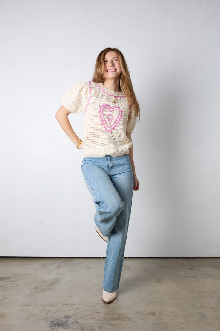 cream knit sweater pink embroidery