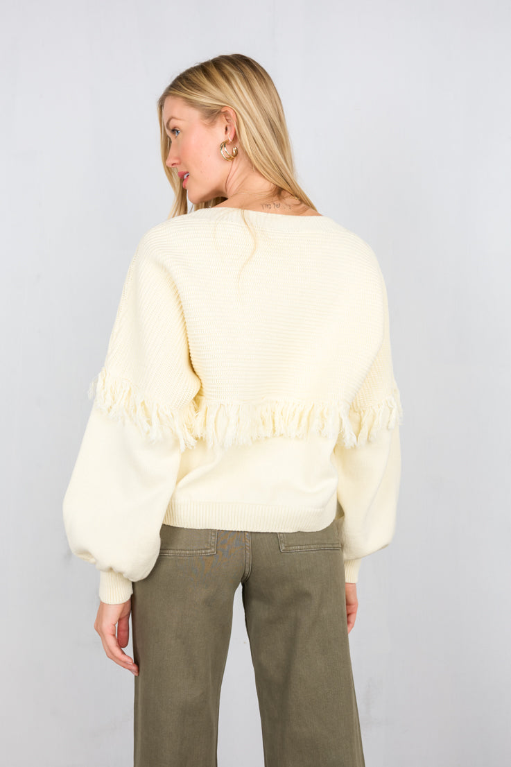 cream knit sweater with fringe