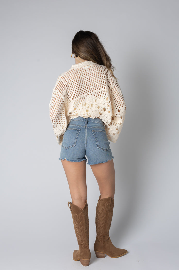 cream open knit collared top 