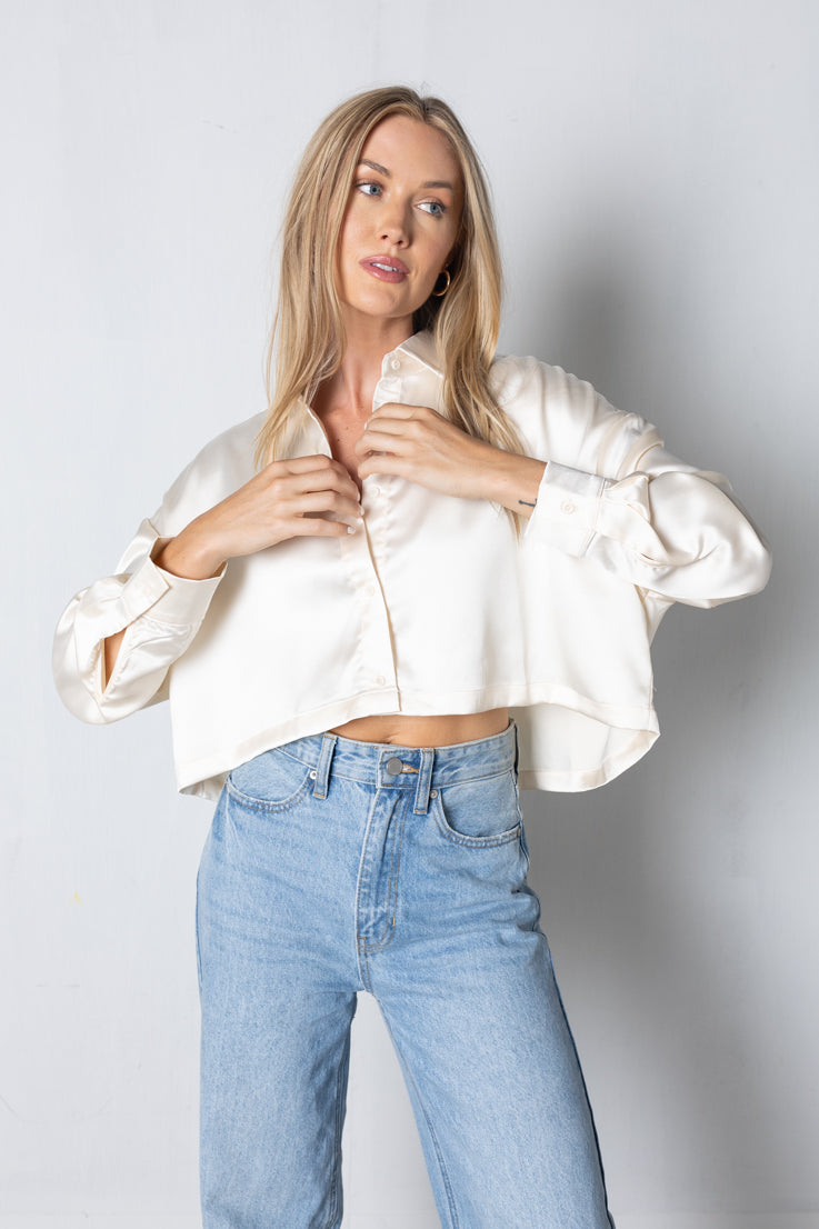 cream satin cropped blouse
