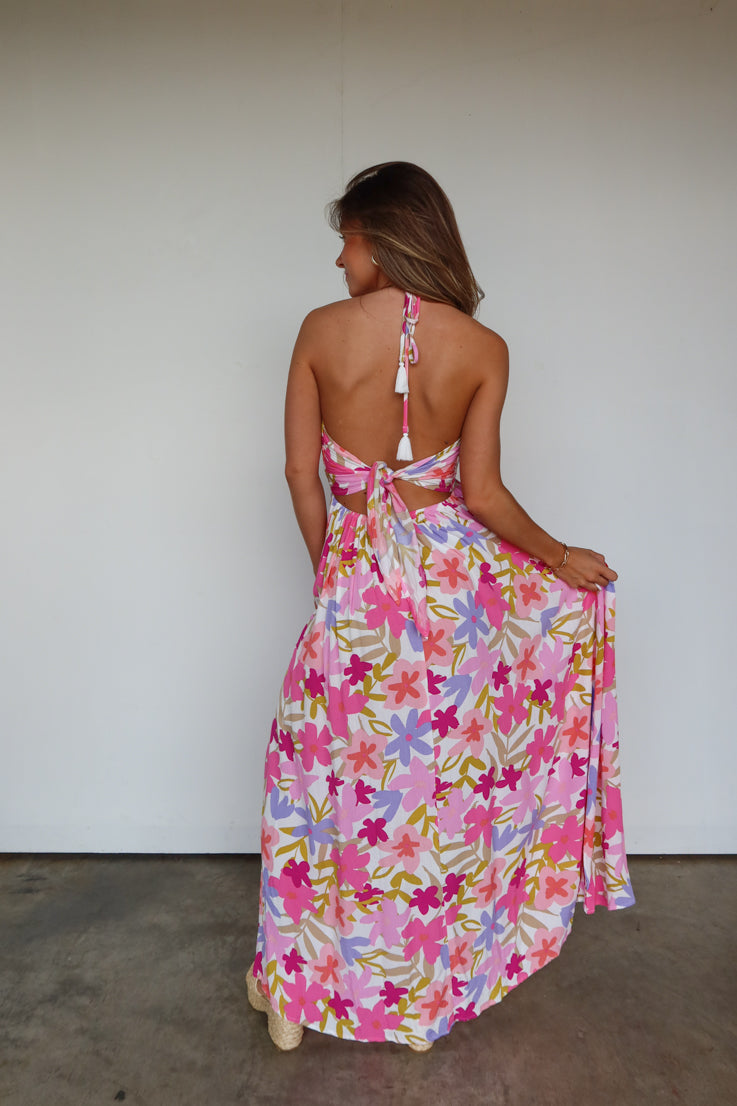 pink floral maxi dress with side slit