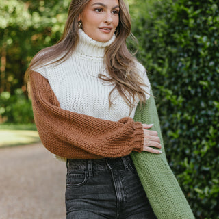 green brown cable knit sweater