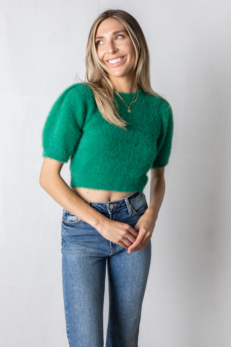 green fuzzy knit top