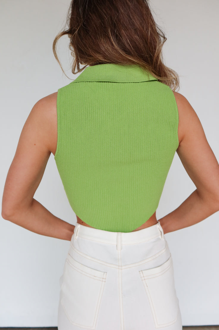 green ribbed top with collar