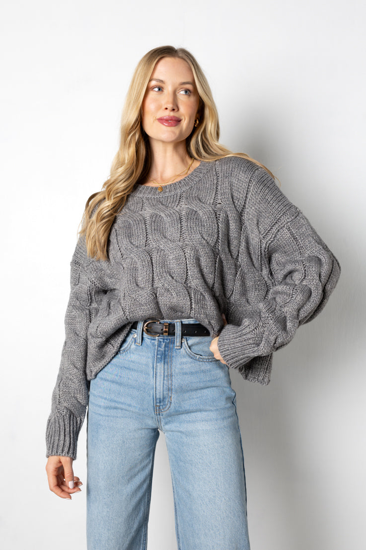 grey cable knit sweater