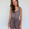 grey ribbed top and paper bag shorts romper