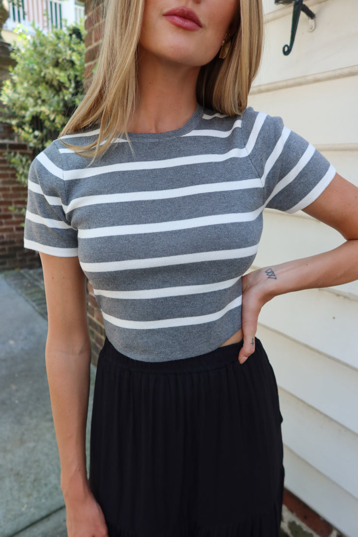 grey and white stripe top