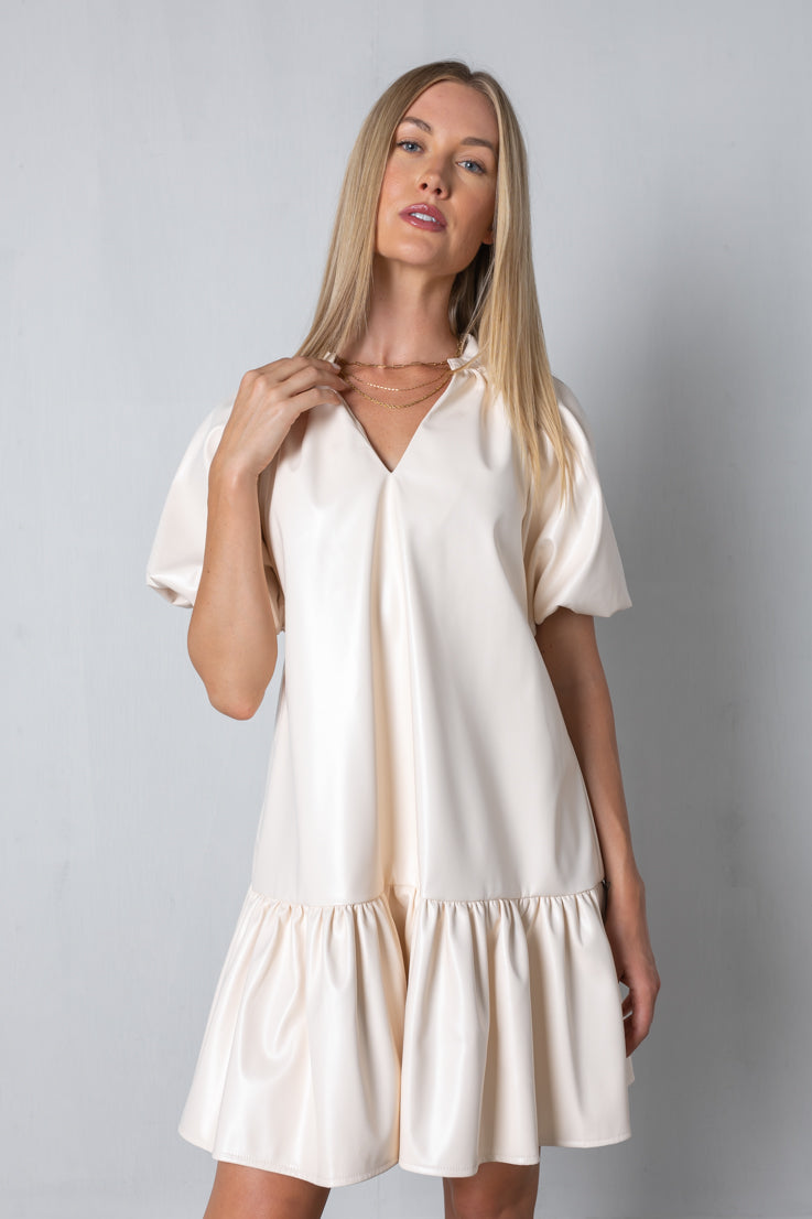 ivory faux leather dress V Neck Ruched Strap Detail Mini Bodycon Dress In Ivory Faux Leather | EGO US