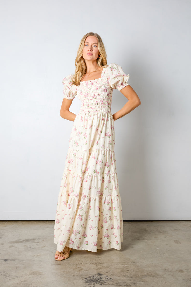 ivory floral smocked bodice flowy maxi dress
