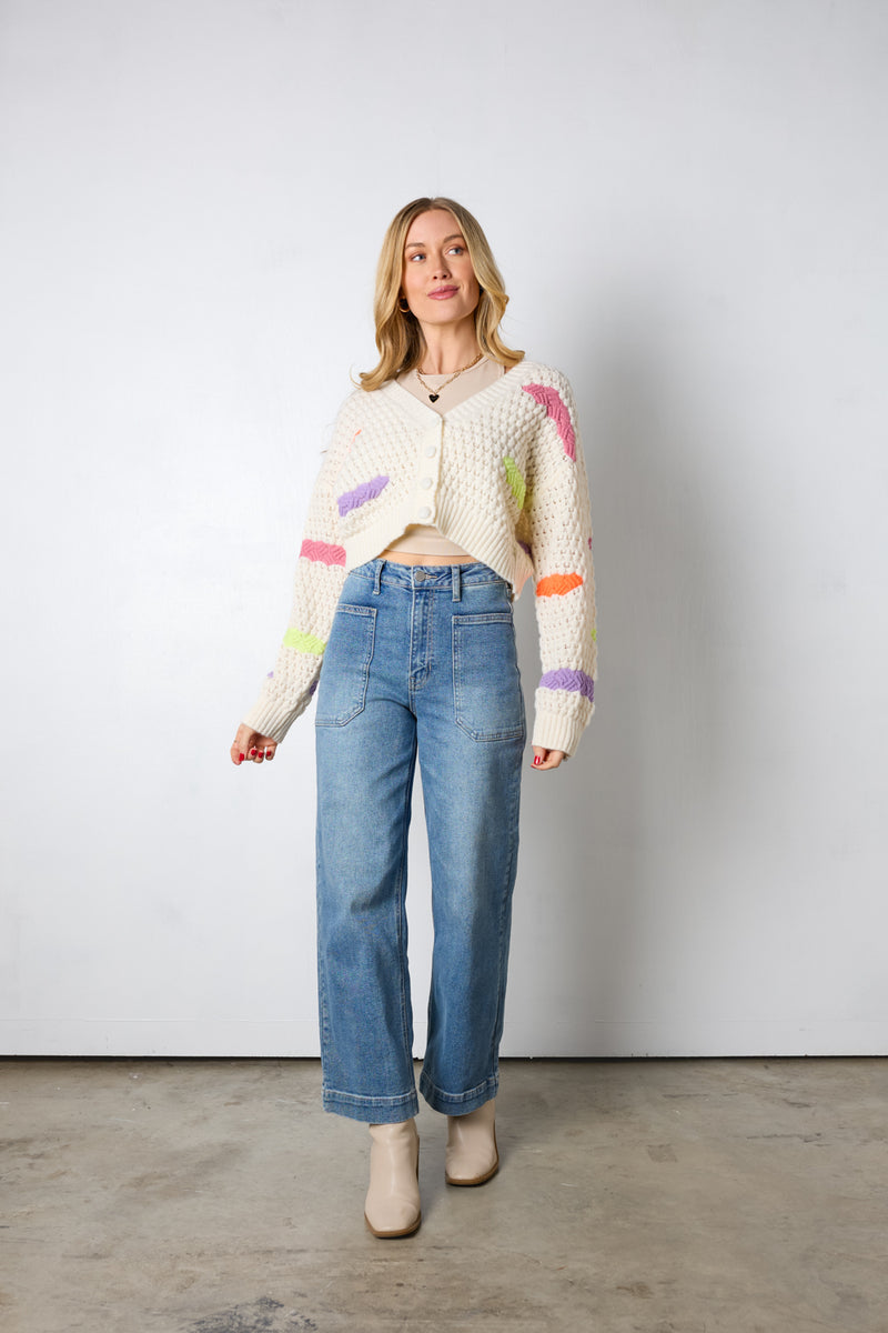 ivory knit cardigan with multicolor sprinkles