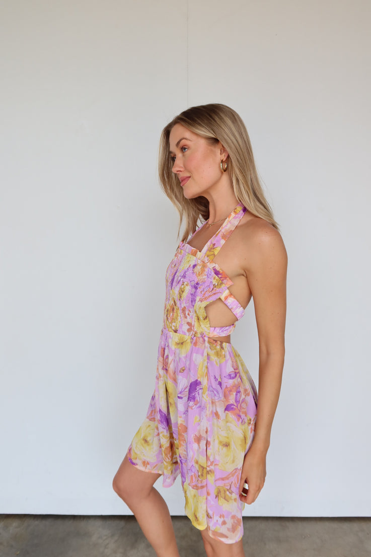 lavender and yellow floral halter dress