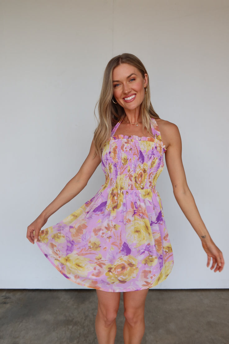 lavender and yellow floral halter dress