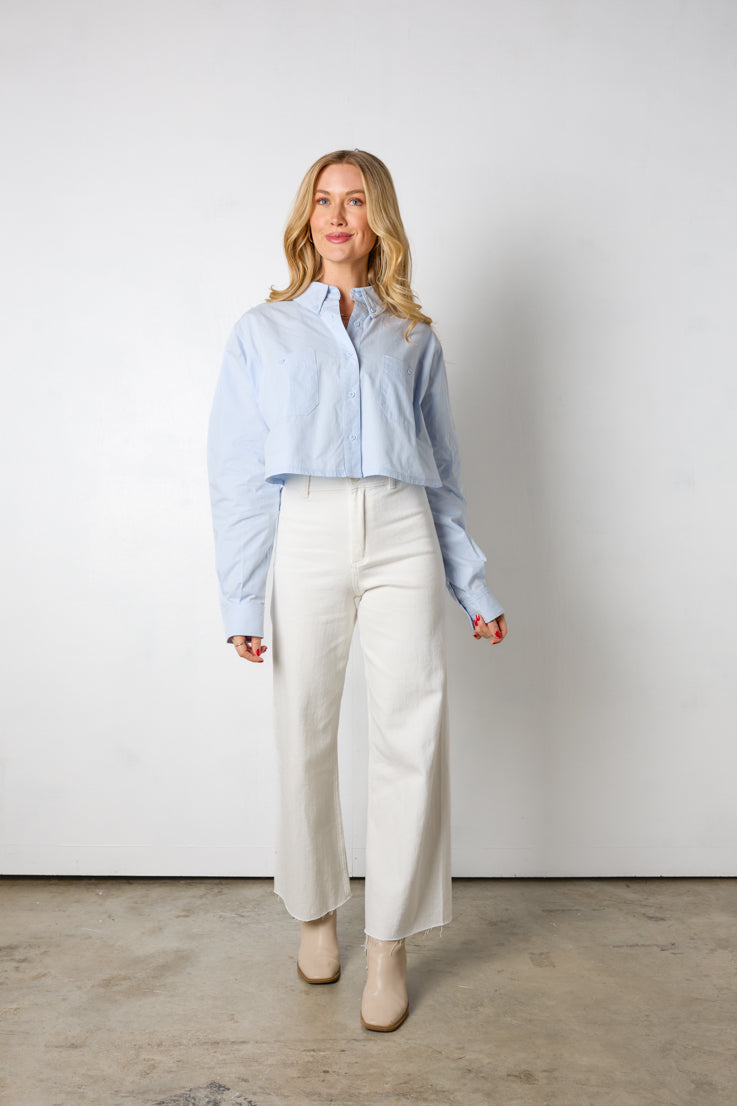 light blue cropped button down