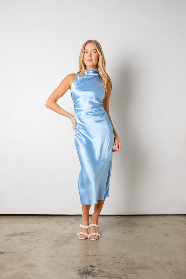 light blue satin sleeveless midi dress
