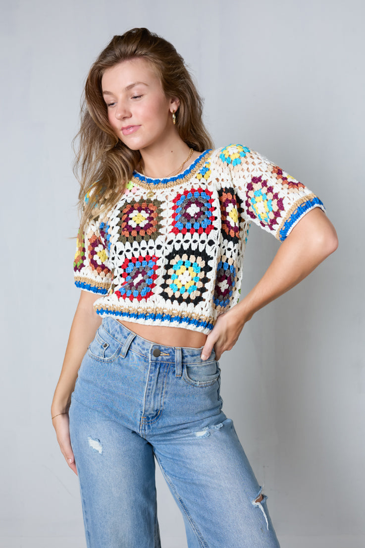 multi color crochet knit top