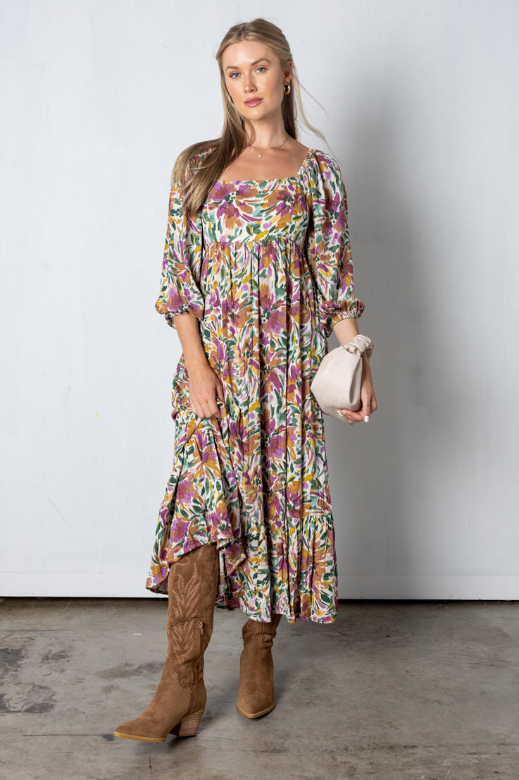 multi colored floral flowy maxi dress