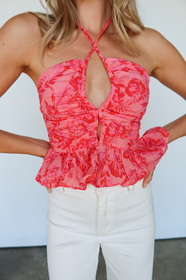 orange and pink halter top with cut out in middle