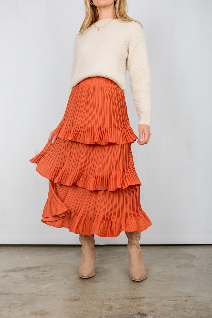 orange tiered midi skirt