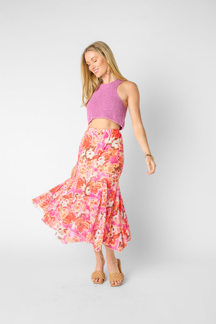 pink and orange floral midi skirt