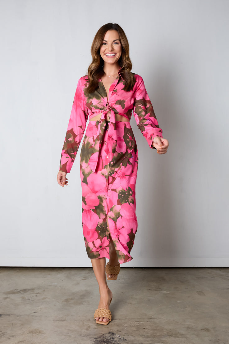 pink and brown floral midi dress