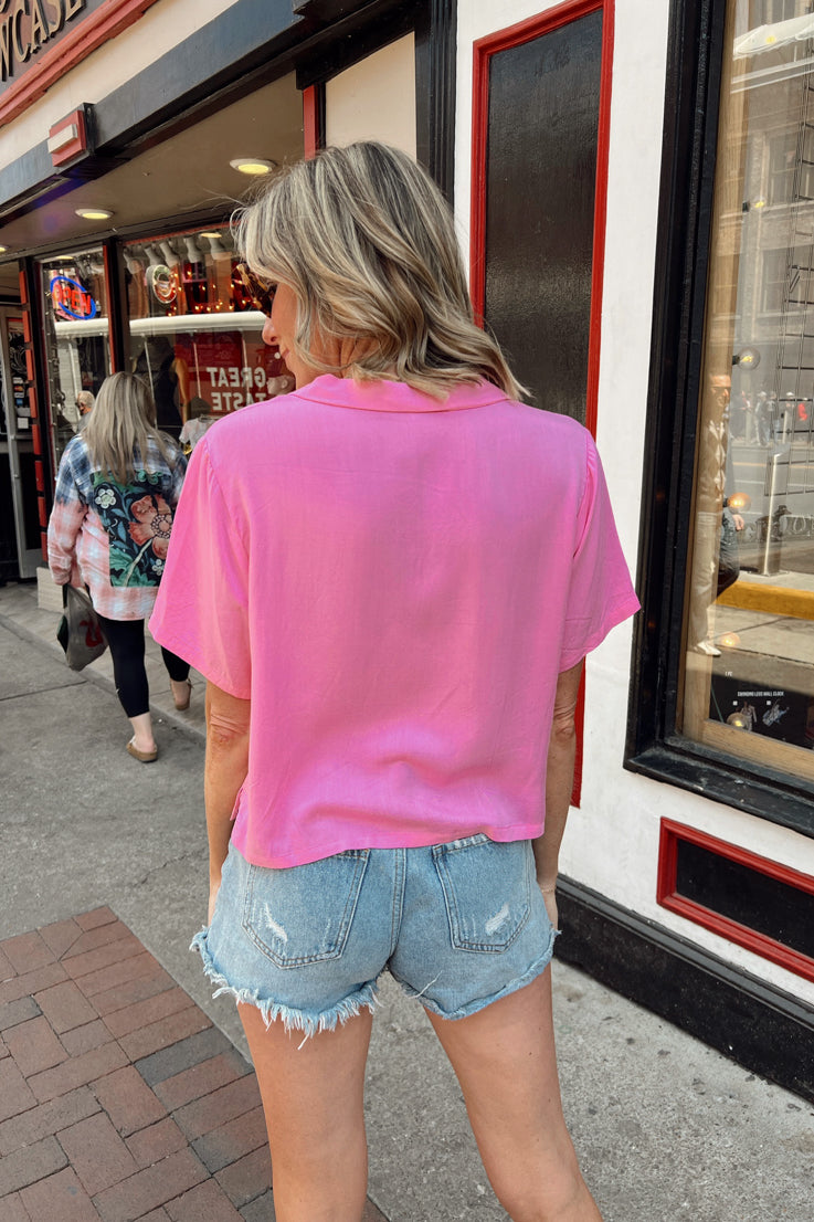 pink oversized button down
