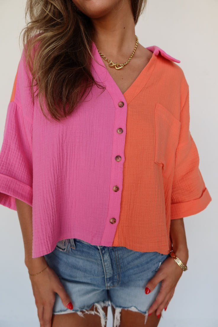 pink and orange color block button up