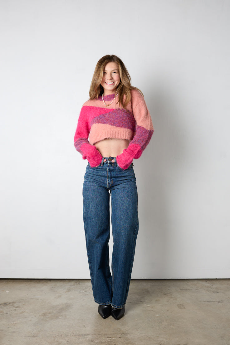 pink colorblock cropped sweater