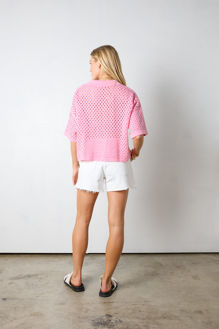 pink crochet collared top
