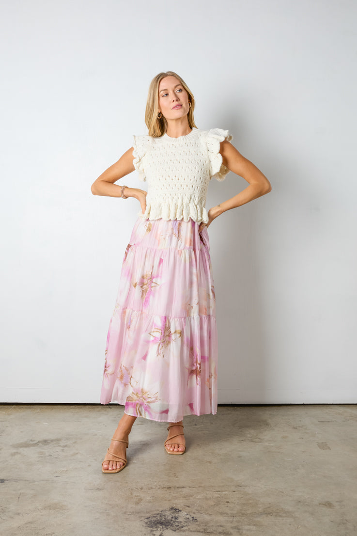pink floral maxi dress with sweater top