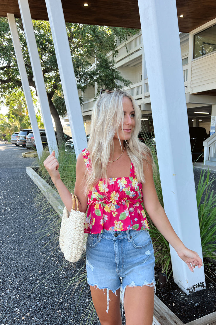 bright floral pink top