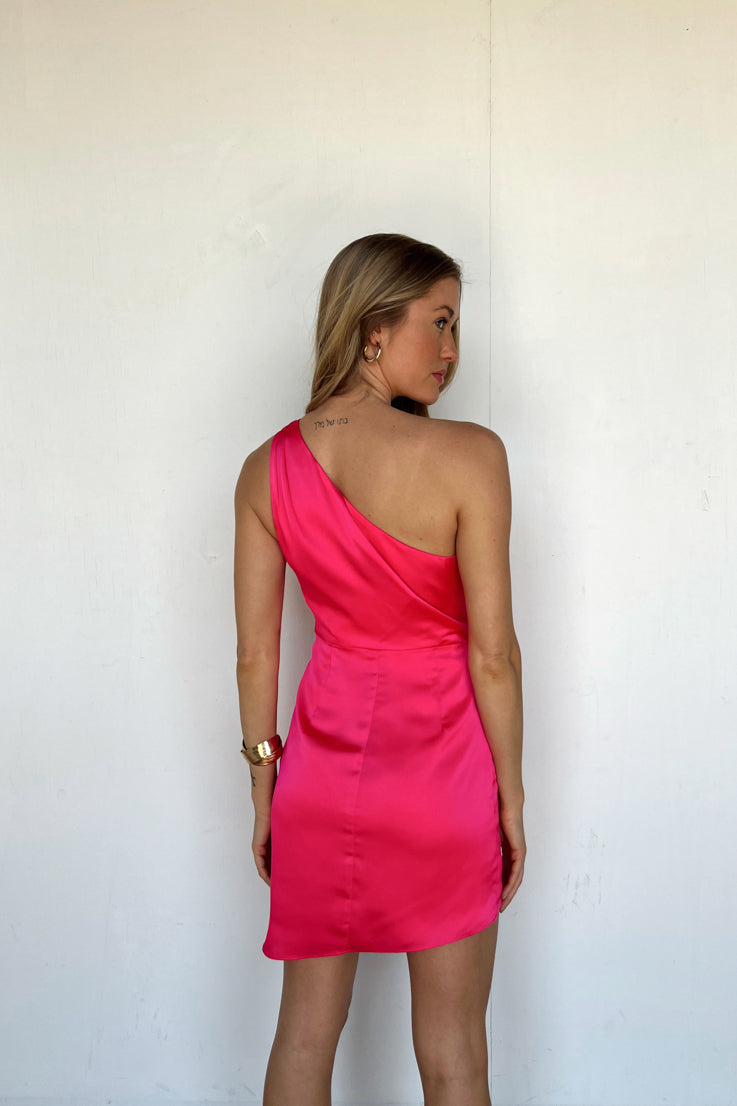 pink satin one shoulder mini dress