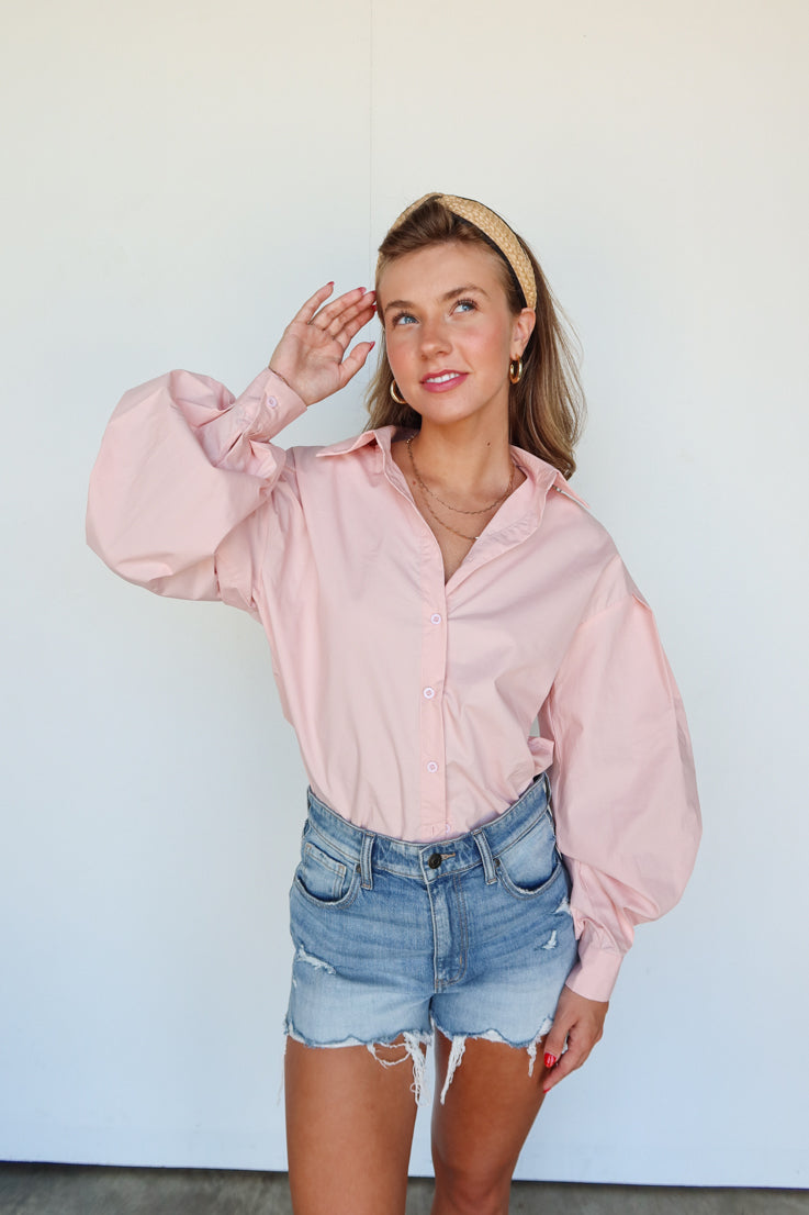 pink oversized button up top