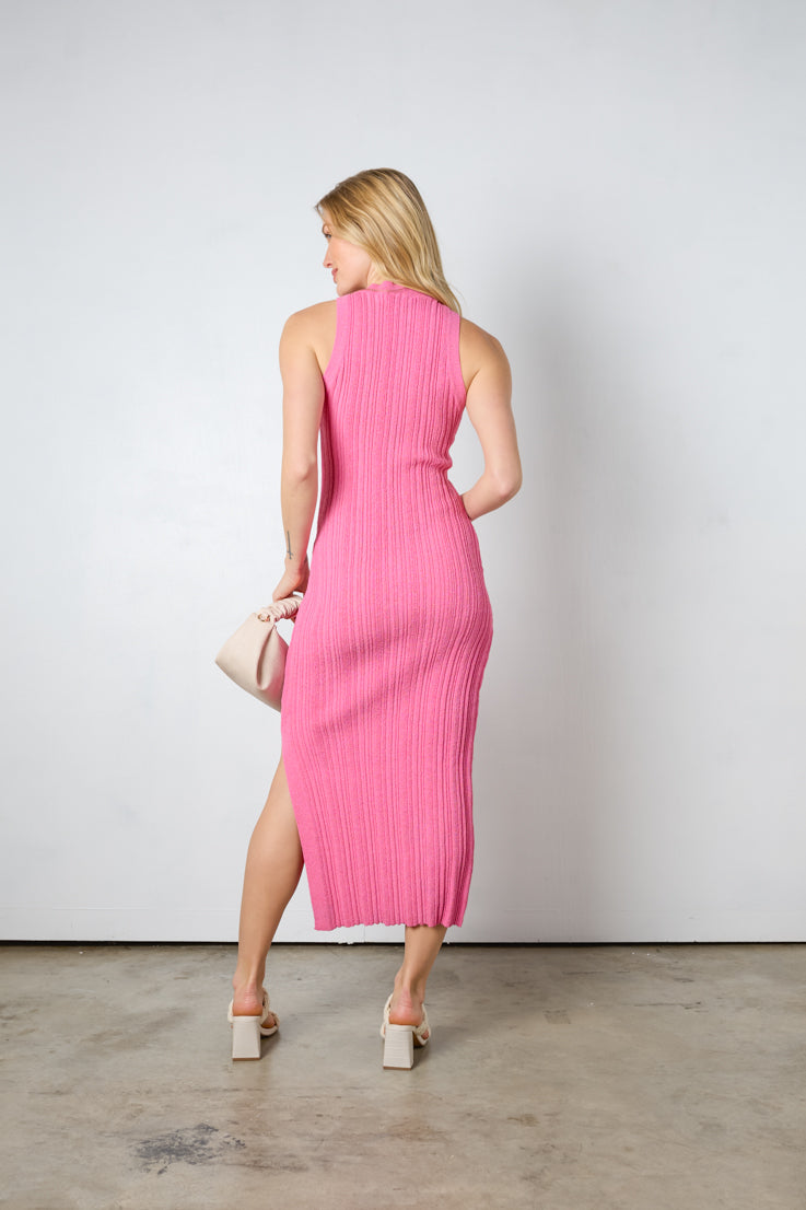 pink ribbed midi dress