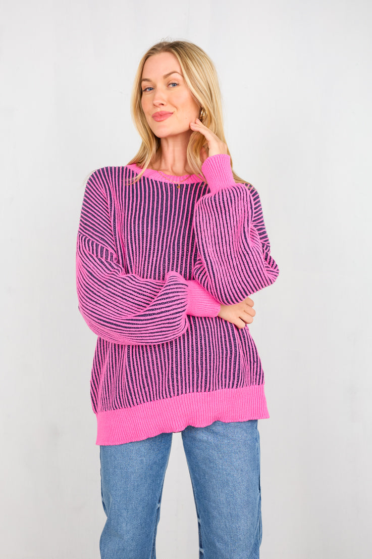 pink stripe ribbed knit sweater
