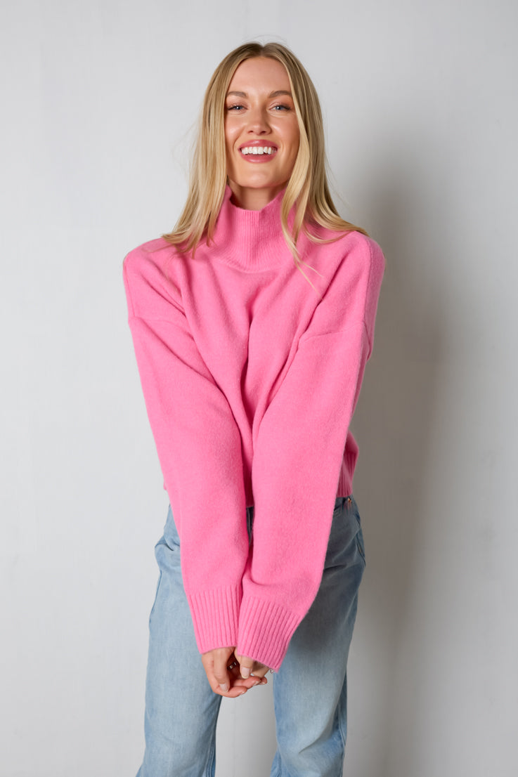 pink sweater with turtleneck
