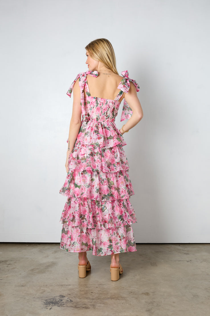 pink tiered floral midi dress