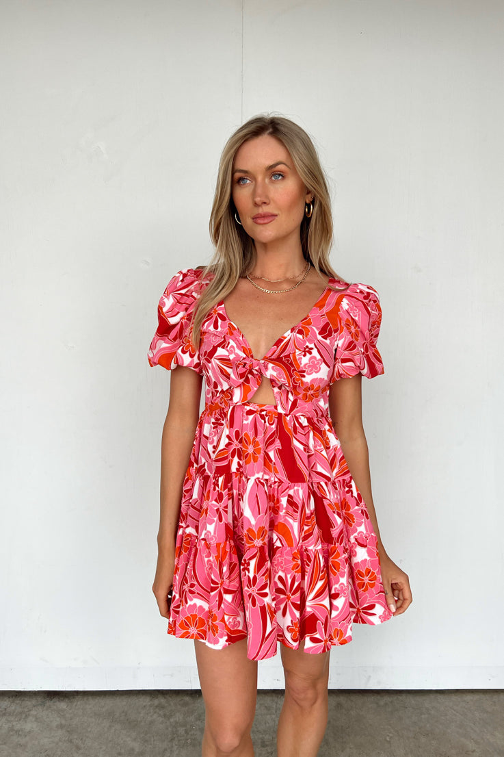 pink white and orange dress with tie front