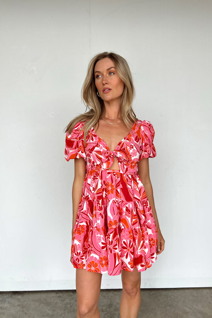 pink white and orange dress with tie front