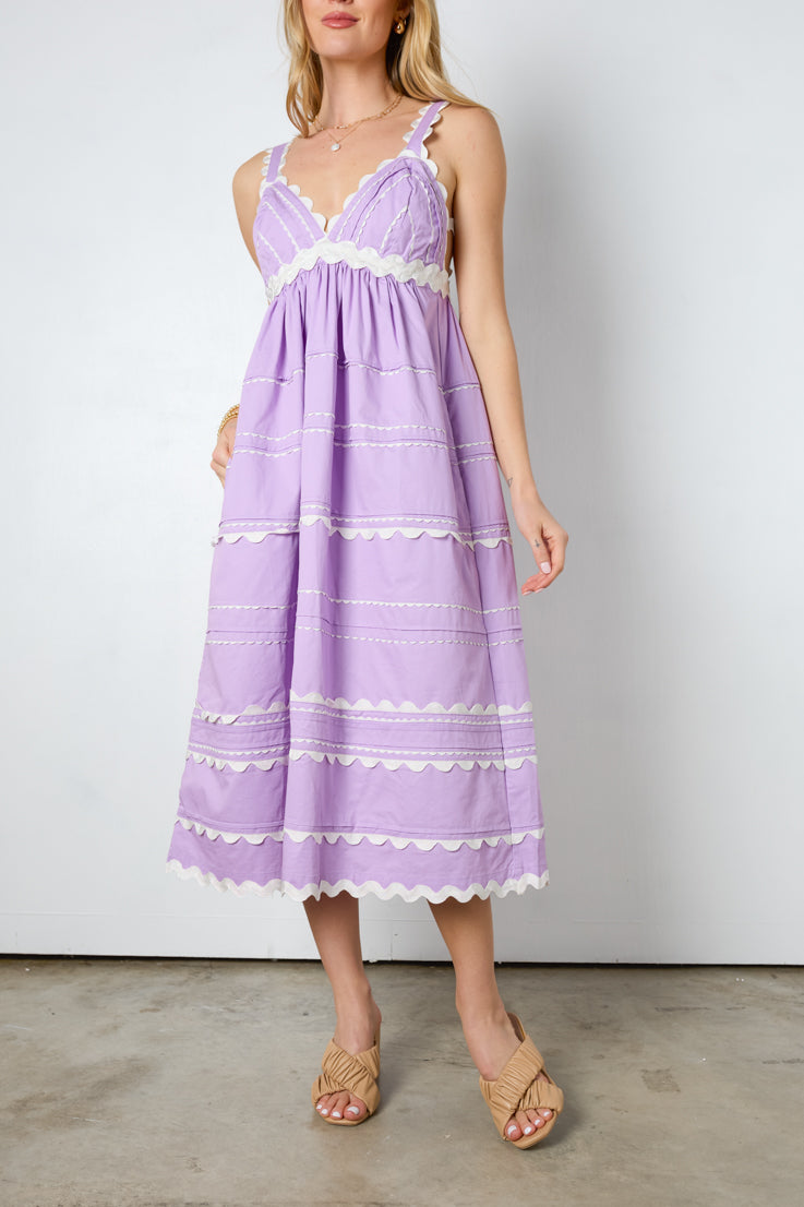 purple midi dress white contrast