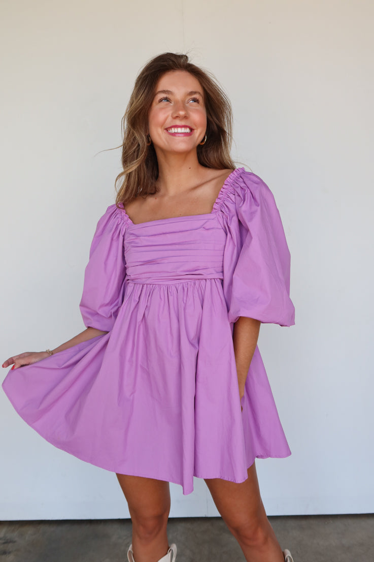 purple pleated dress