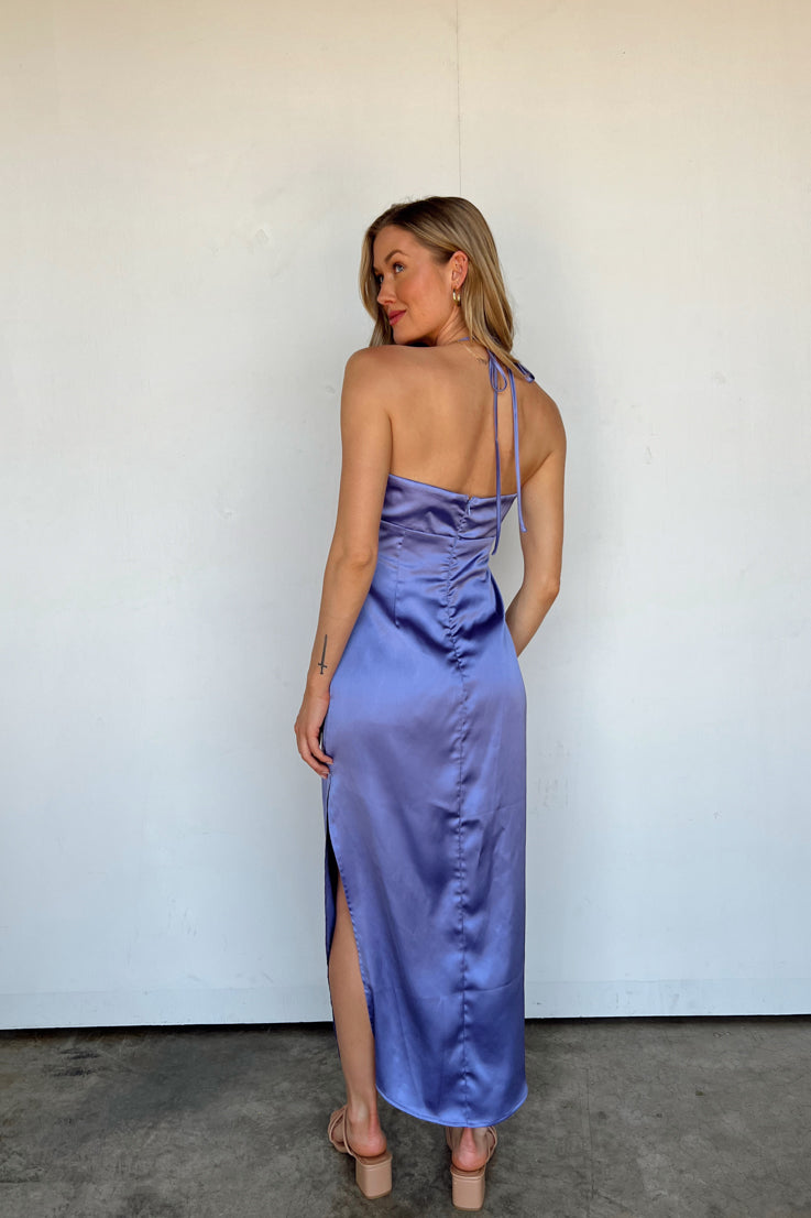 purple satin maxi dress