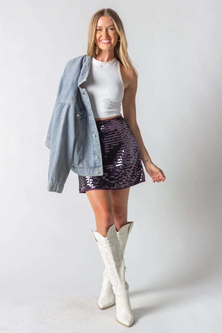 purple sequin skirt