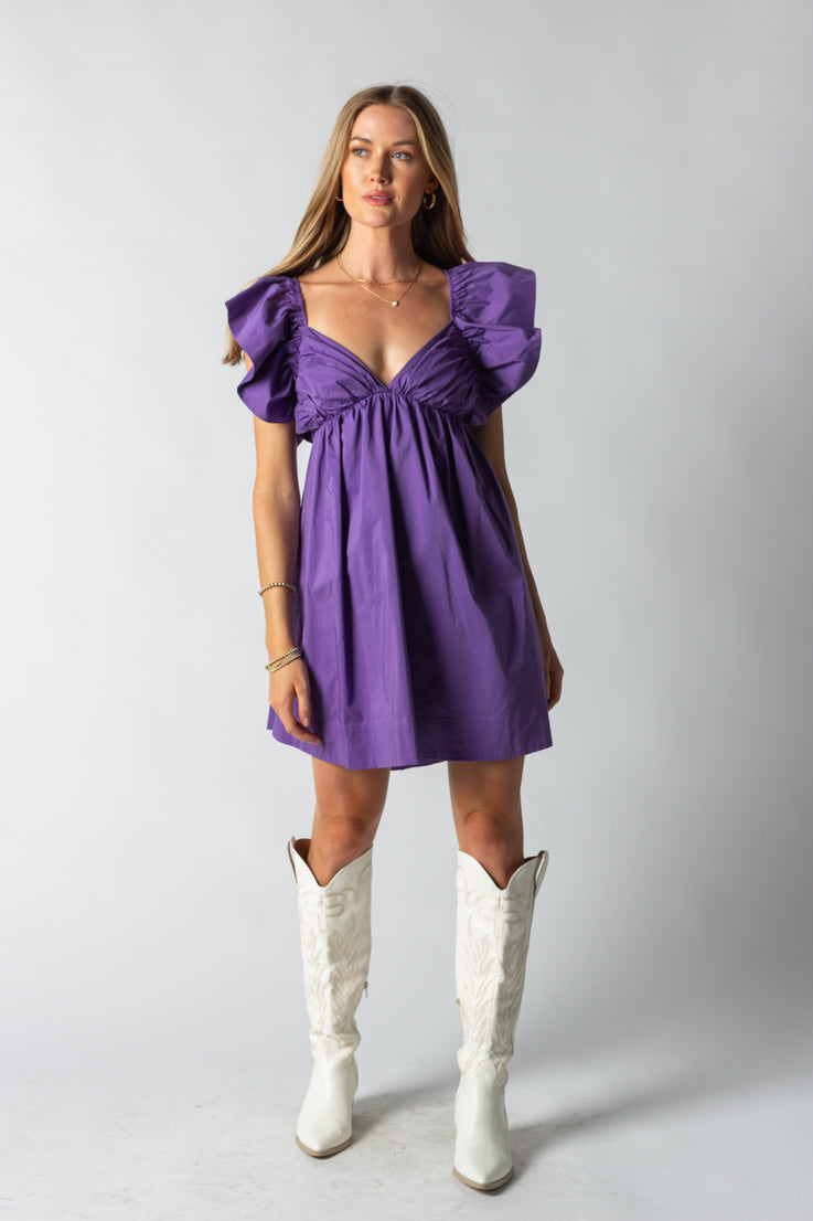 purple sweetheart neckline mini dress