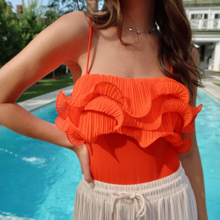 red pleated ruffle bodysuit