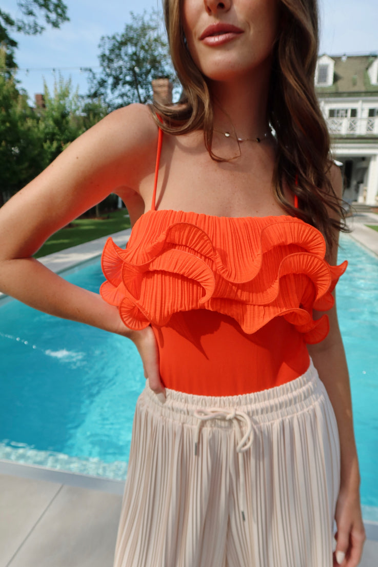 red pleated ruffle bodysuit