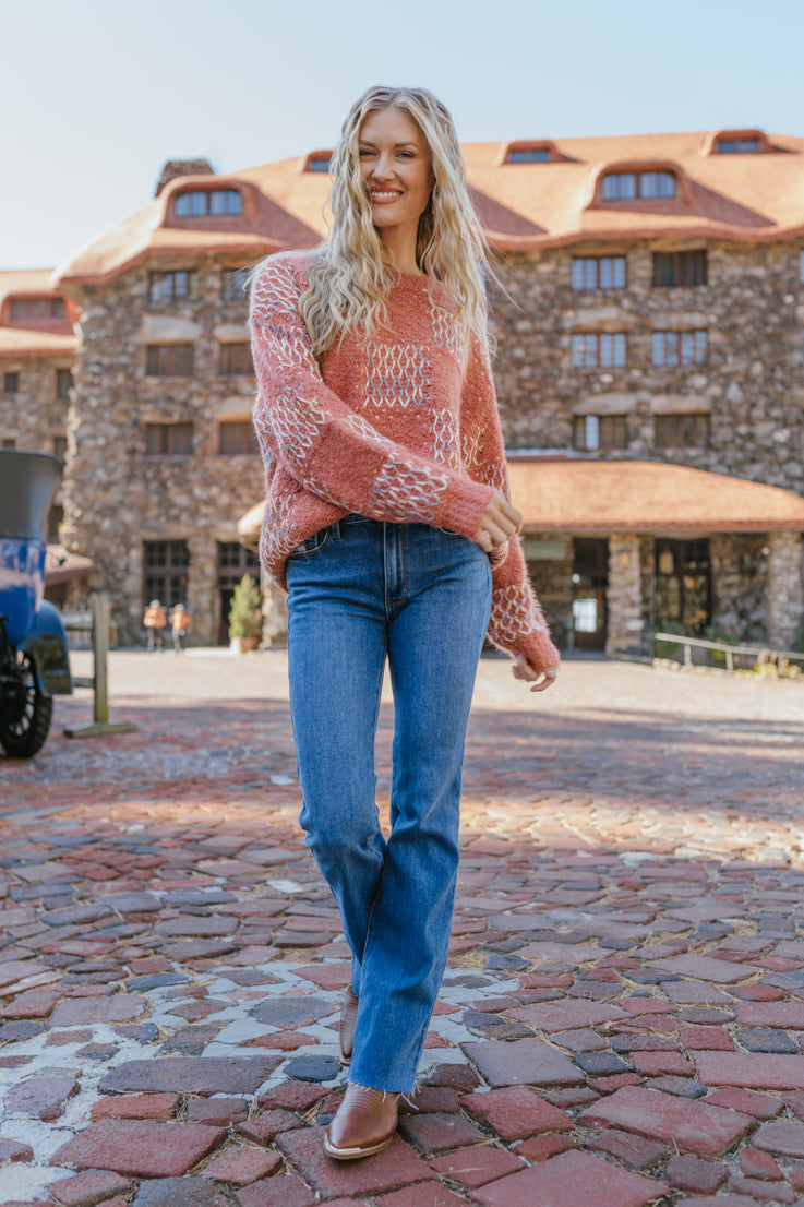 red checkered print knit sweater