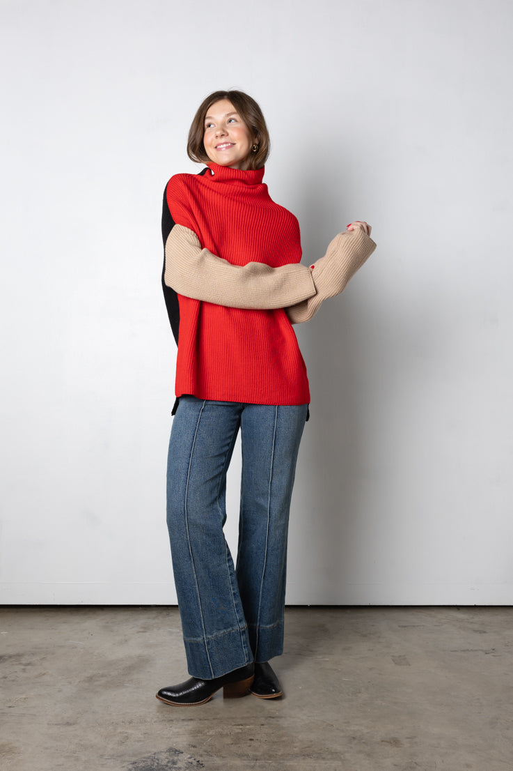red color blocked sweater