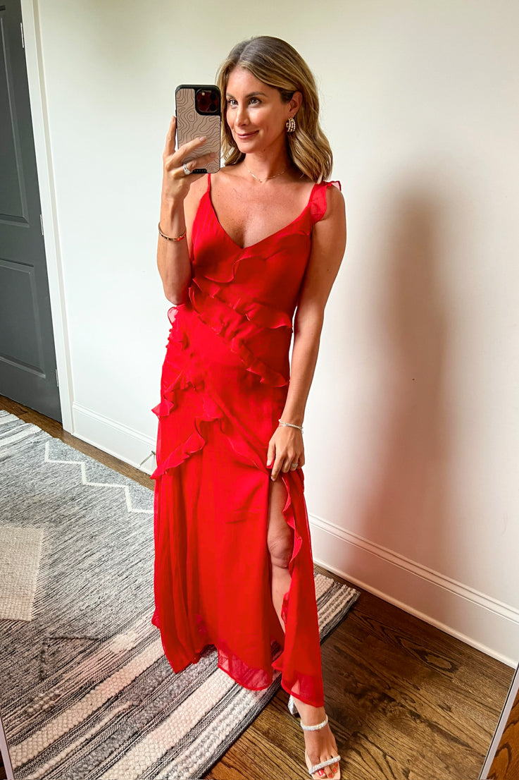 red maxi dress with slit
