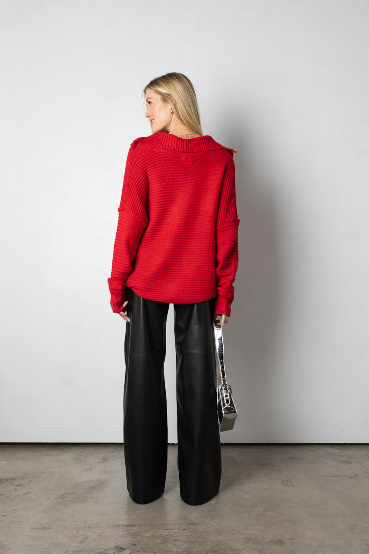 red ribbed oversized sweater